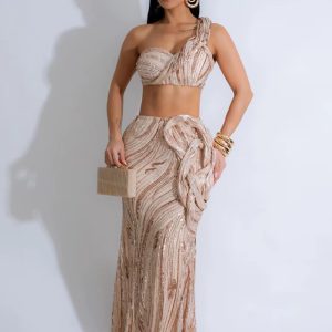 One Shoulder Sleeveless Crop Tops and Fishtail Skirt Two Piece Sets Outfits