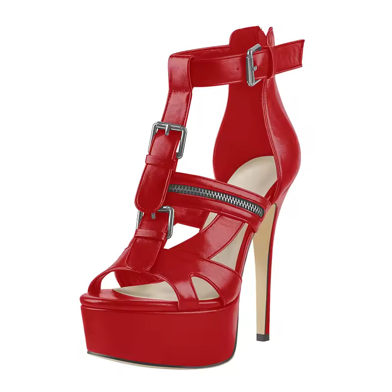 Open Toe Metal Buckle Zipper Decoration Hollow Matte Thin High Heel Platform Sandals - Image 9