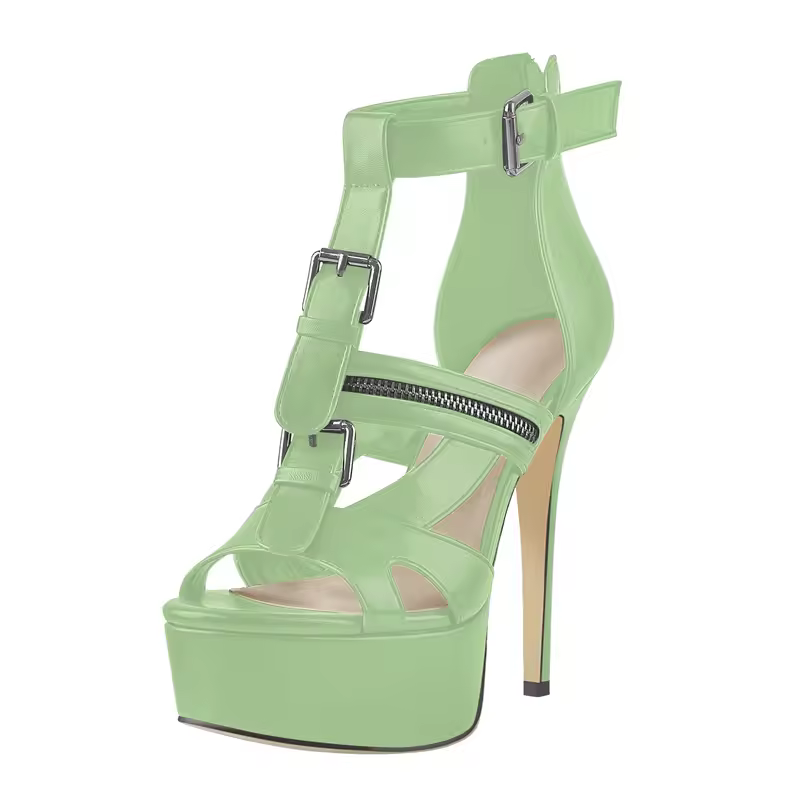 Open Toe Metal Buckle Zipper Decoration Hollow Matte Thin High Heel Platform Sandals - Image 11