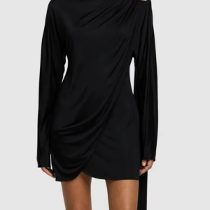 Patchwork Asymmetrical Draped Slim Turtleneck Long Sleeve Draped Mini Dresses