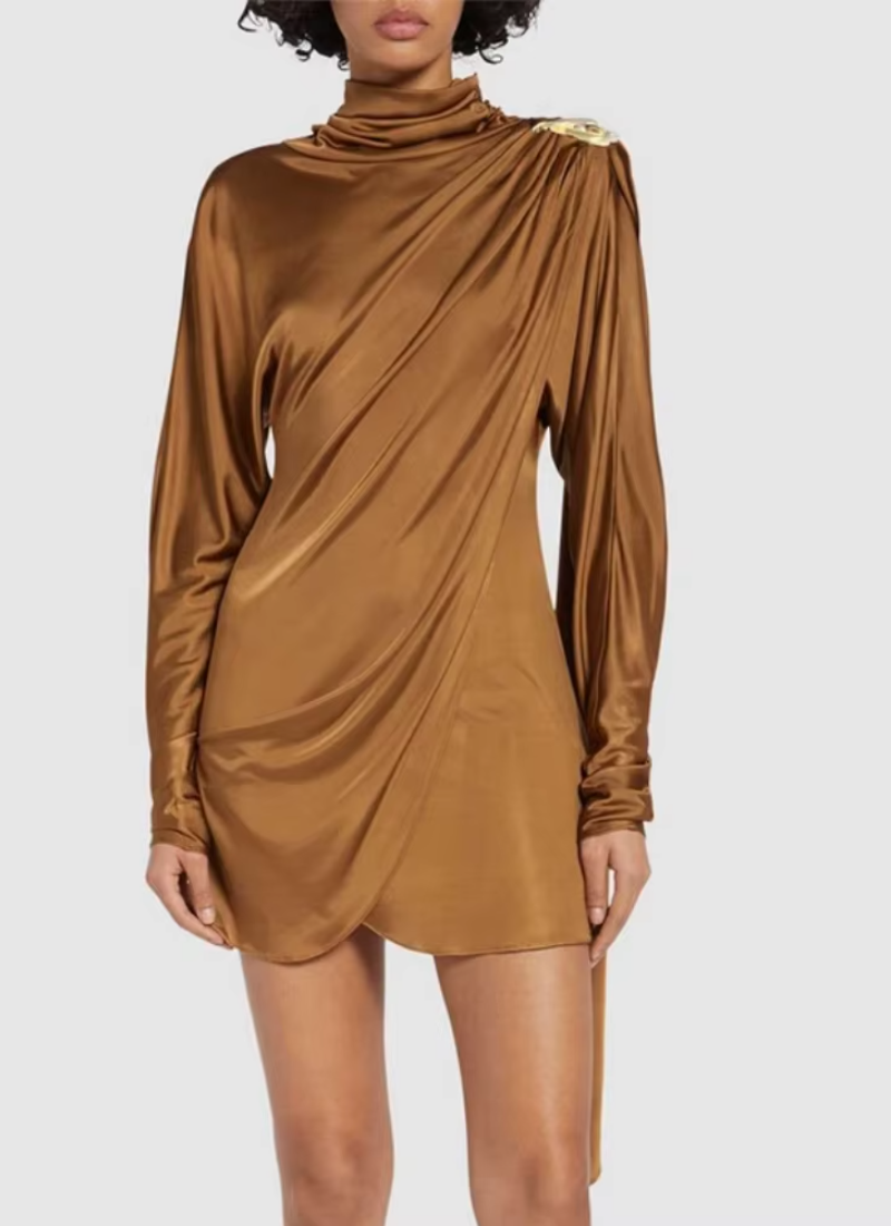 Patchwork Asymmetrical Draped Slim Turtleneck Long Sleeve Draped Mini Dresses - Image 3