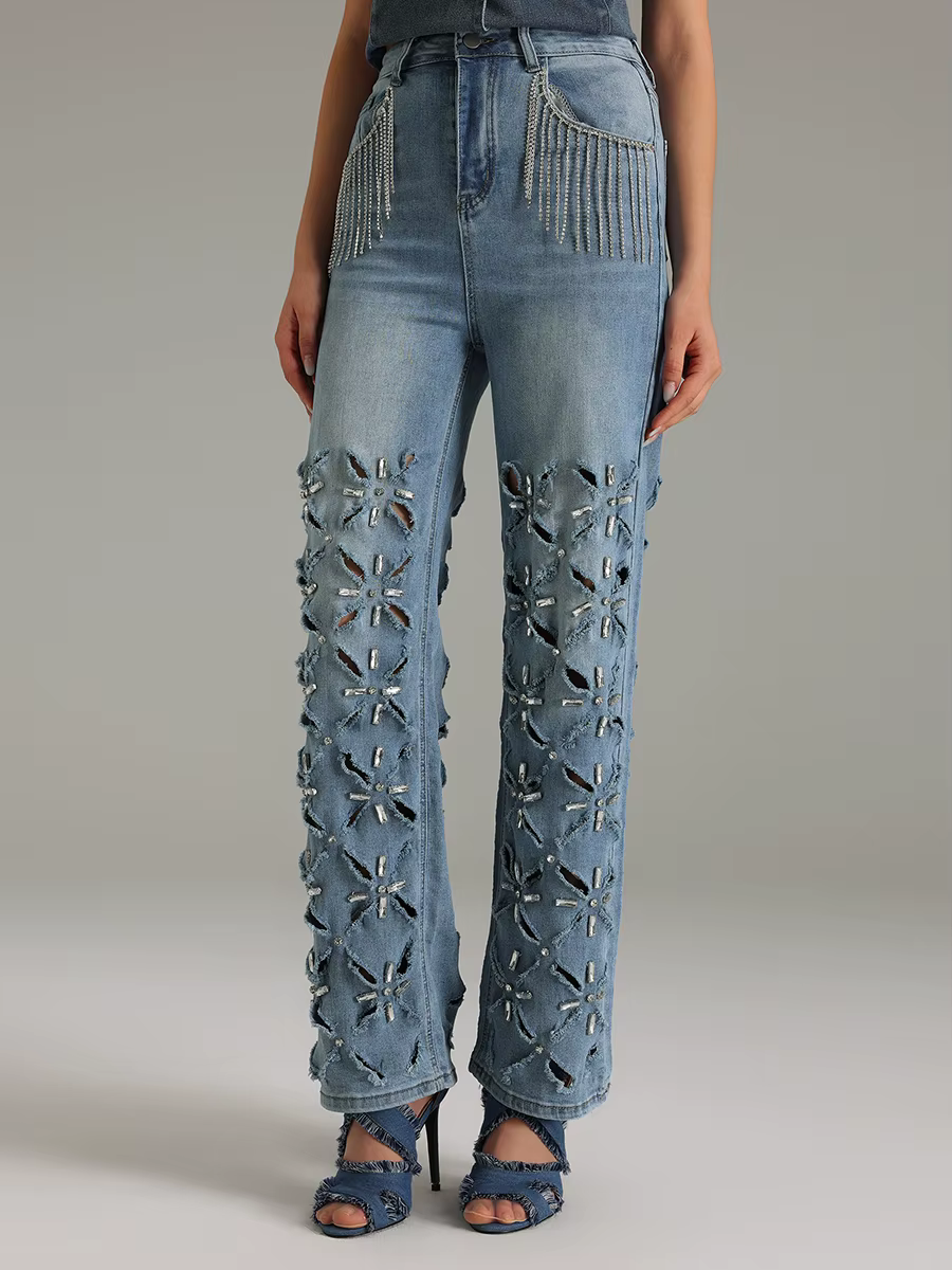 Patchwork Hollow Out Solid Slimming Spliced Tassels High Waist Jeans
