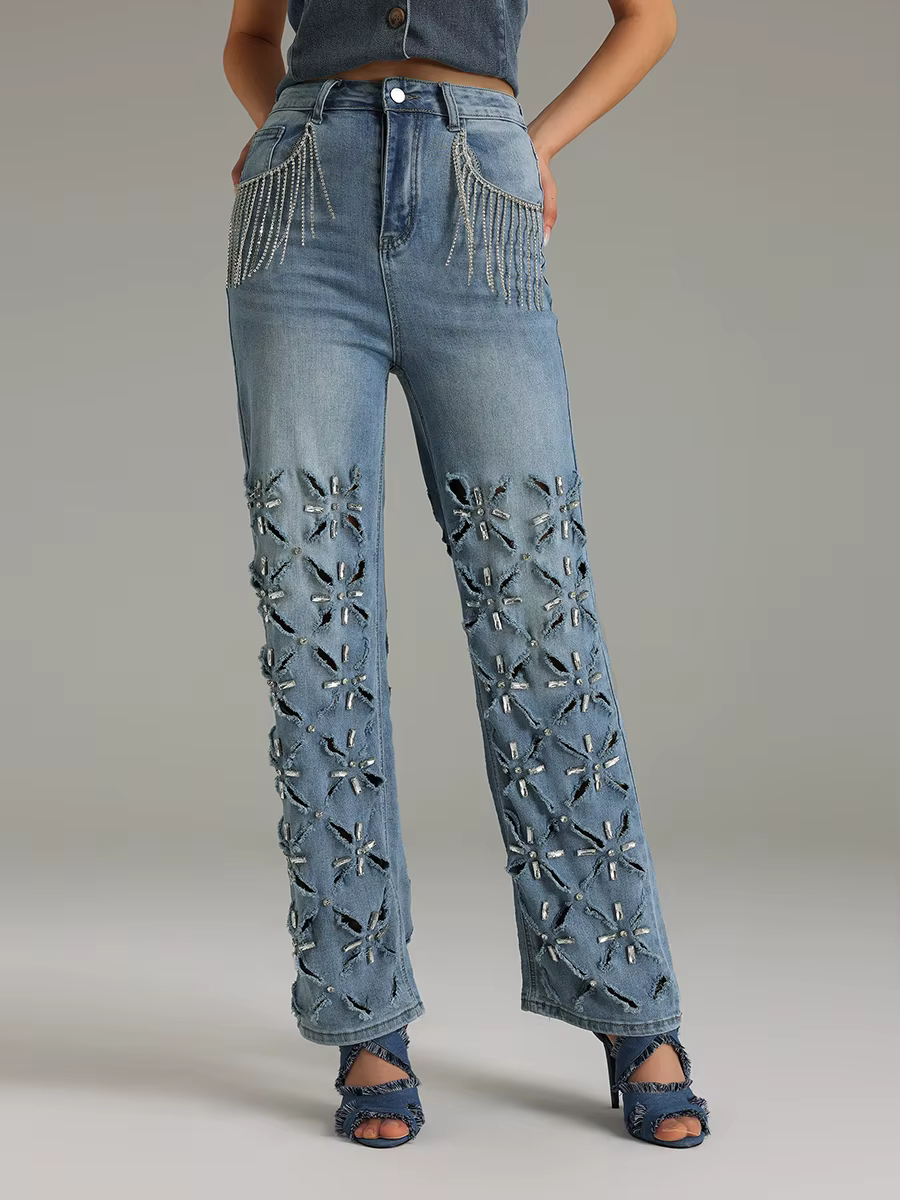 Patchwork Hollow Out Solid Slimming Spliced Tassels High Waist Jeans - Image 2