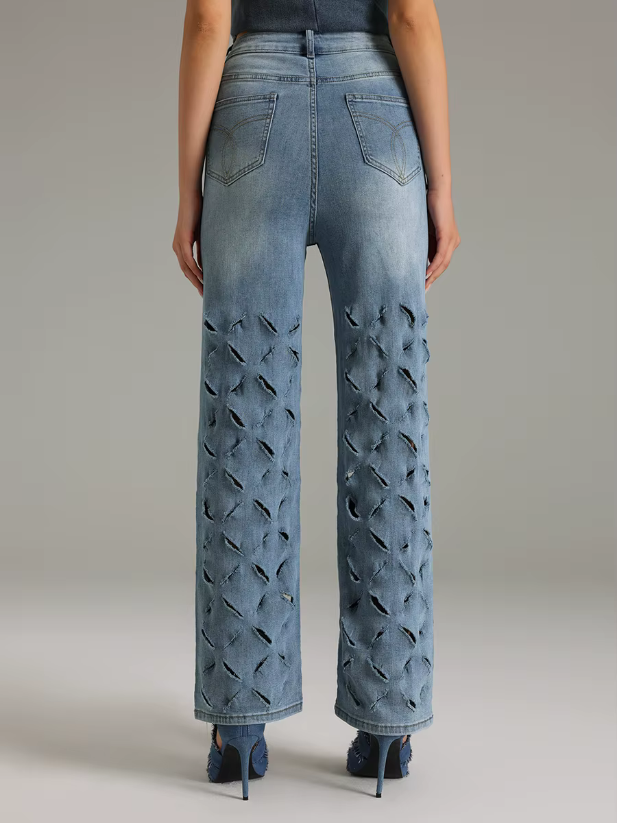 Patchwork Hollow Out Solid Slimming Spliced Tassels High Waist Jeans - Image 3