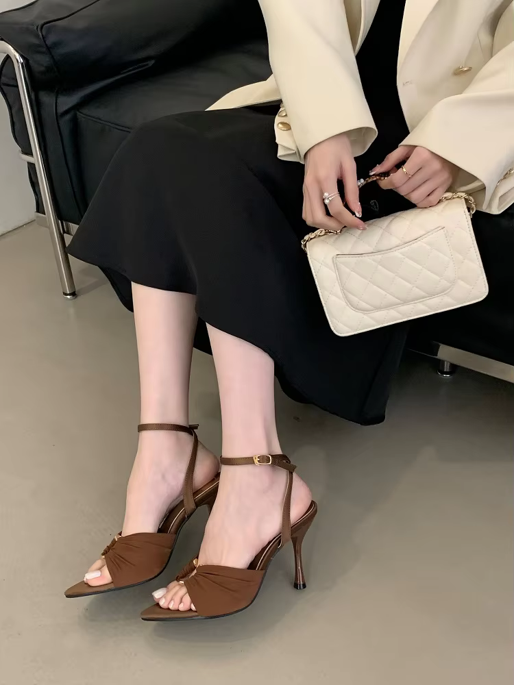 Pleated Hollow Out Buckle Strap Pointed Toe Thin High Heels - Image 4