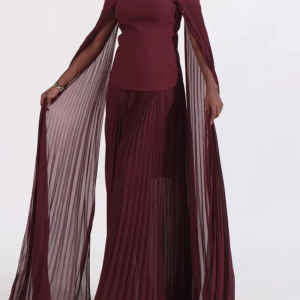 Pleated Skirts Strapless Batwing Sleeve Top Long Skirt Suits Dress Set ﻿
