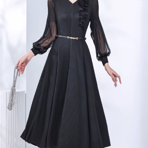 Pleated V-Neck Long Sleeve Waist Slimming Plate Flower Slim Skirt Solid Design Dress