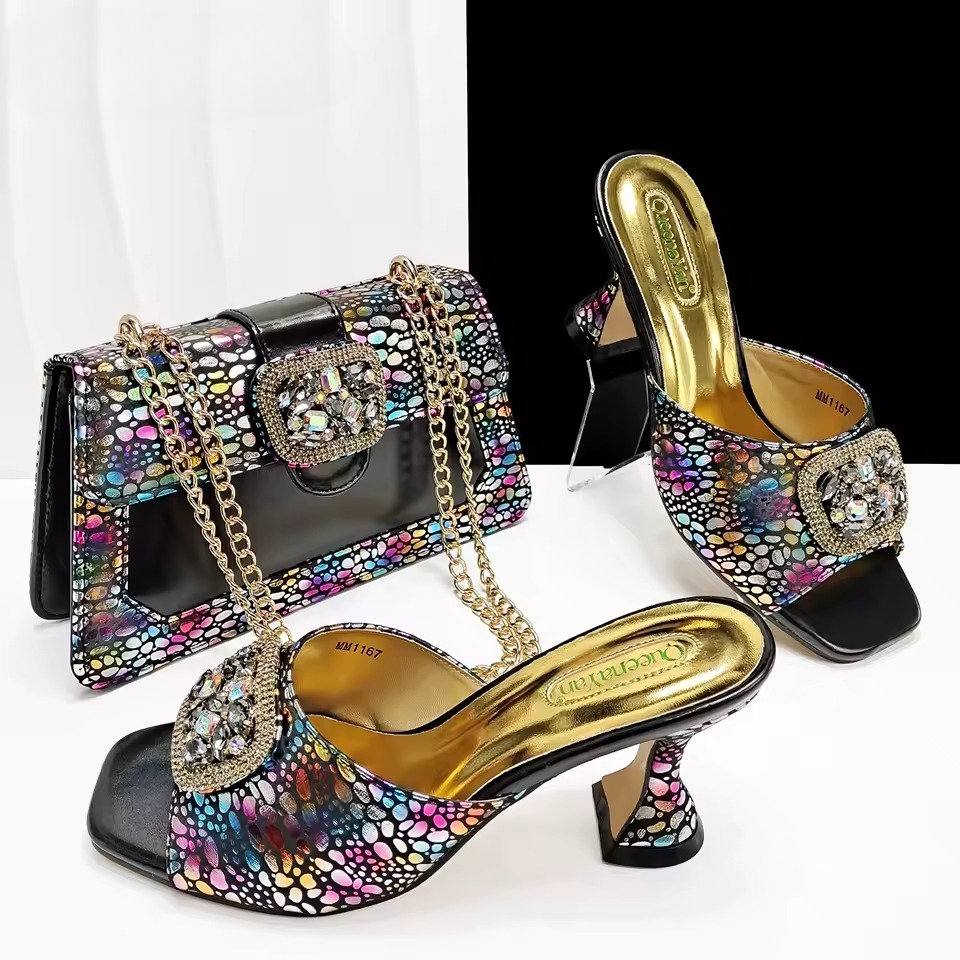 Square Toe Sandals With Matching Handbag Set Perfect for Weddings and Parties
