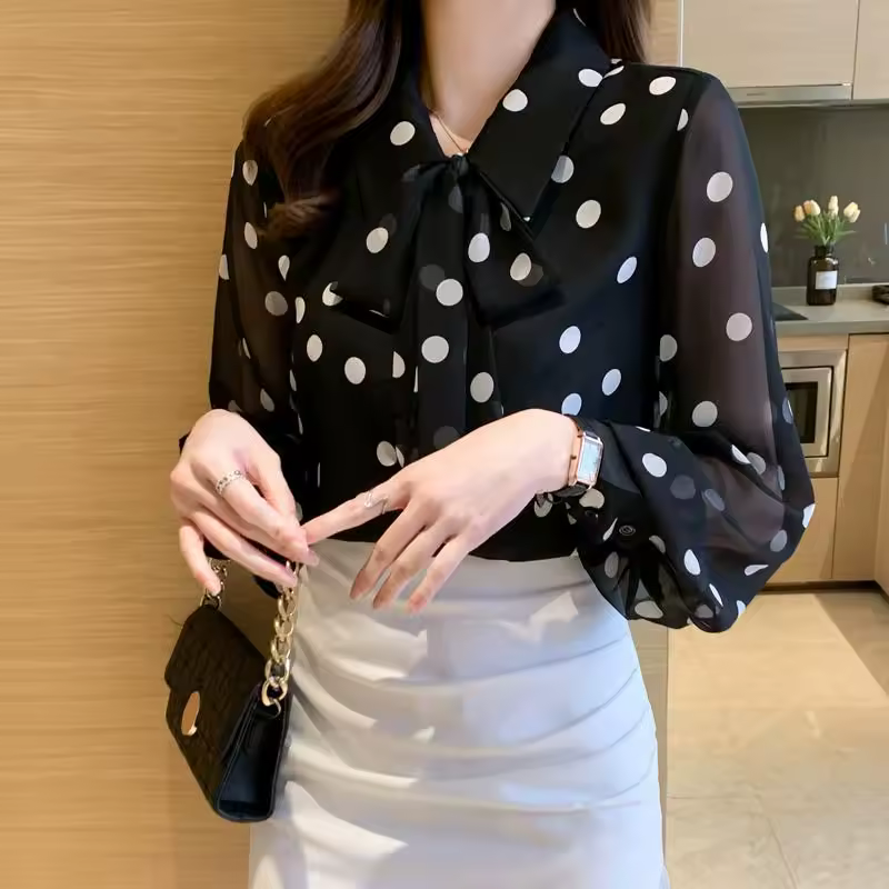 Polka Dot Printing Turn-down Collar Bow Single Breasted Chiffon Shirt Tops