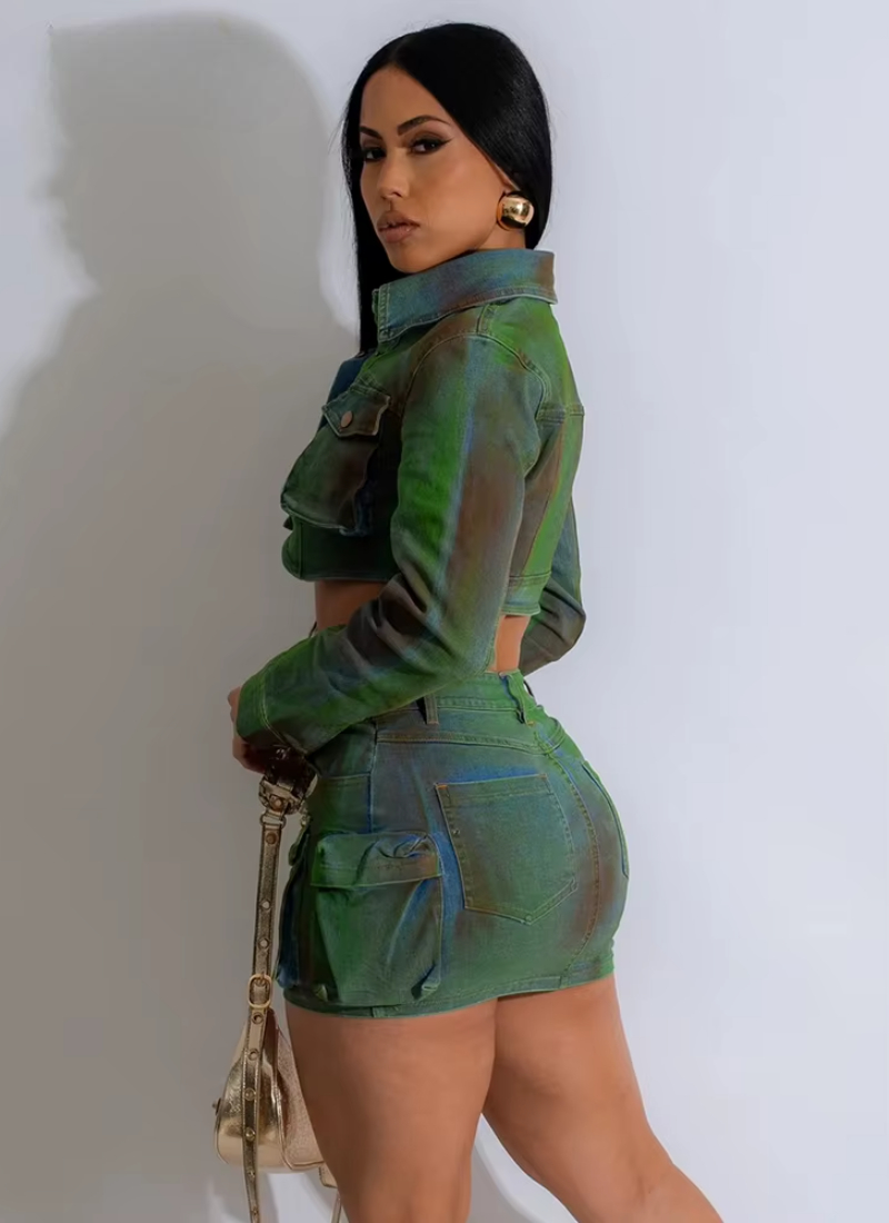 Print Stretch Denim Long Sleeve Crop Top Jacket and Pockets Mini Skirts Two Piece Sets - Image 2