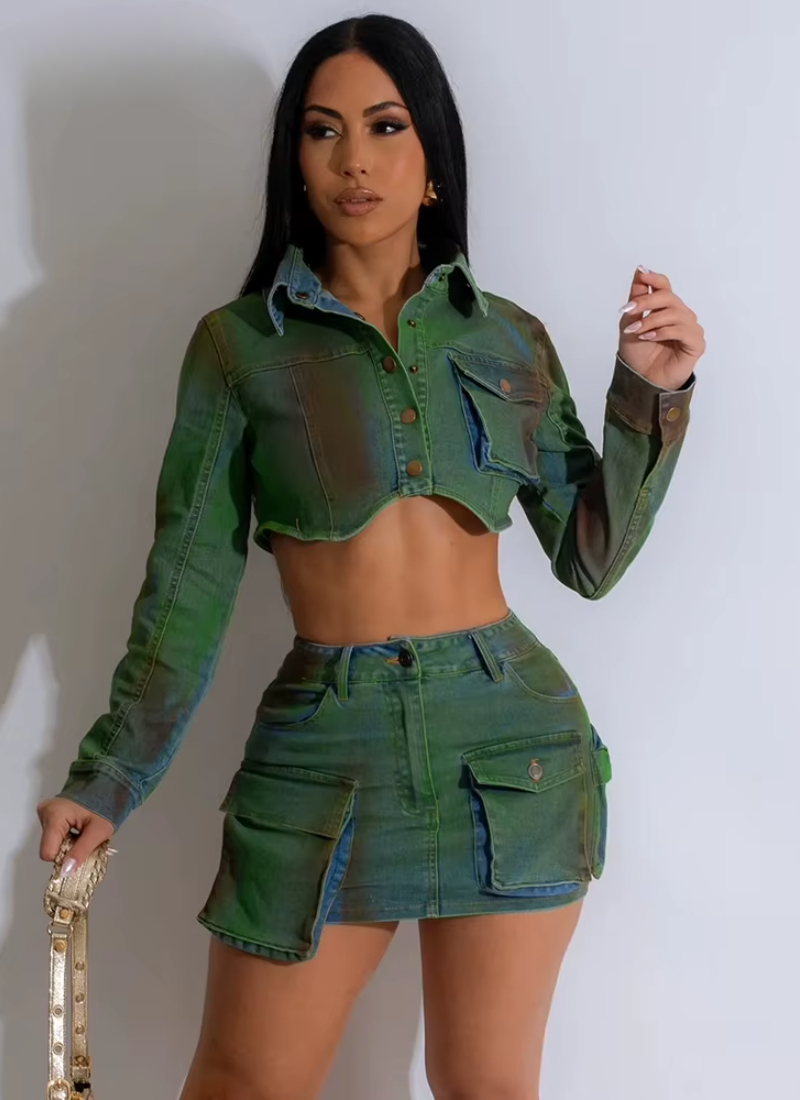 Print Stretch Denim Long Sleeve Crop Top Jacket and Pockets Mini Skirts Two Piece Sets