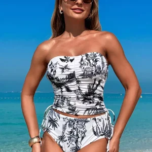 Pleated Strapless Sleeveless Printed Two-piece Beach Swimsuit