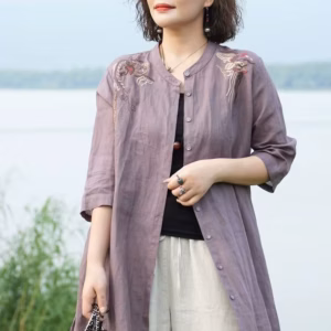 Retro Embroidered Temperament Cotton Linen Shirt Stand Collar Jacket