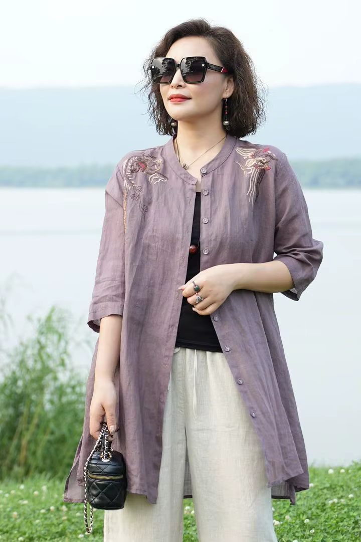 Retro Embroidered Temperament Cotton Linen Shirt Stand Collar Jacket