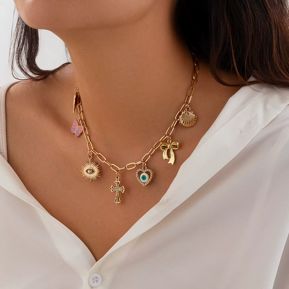 Retro Geometric Shell Cross All Compatible Charm Necklace