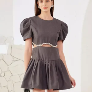 Rhinestone Decoration Cutout Waist Puff Sleeve Mini Dress