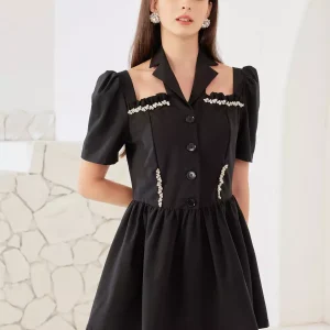 Rhinestone Halter Neck Short Sleeve A-line Pleated Dress