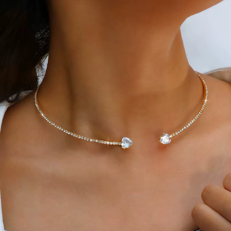 Rhinestone Heart Choker Simple Open Collar Necklace
