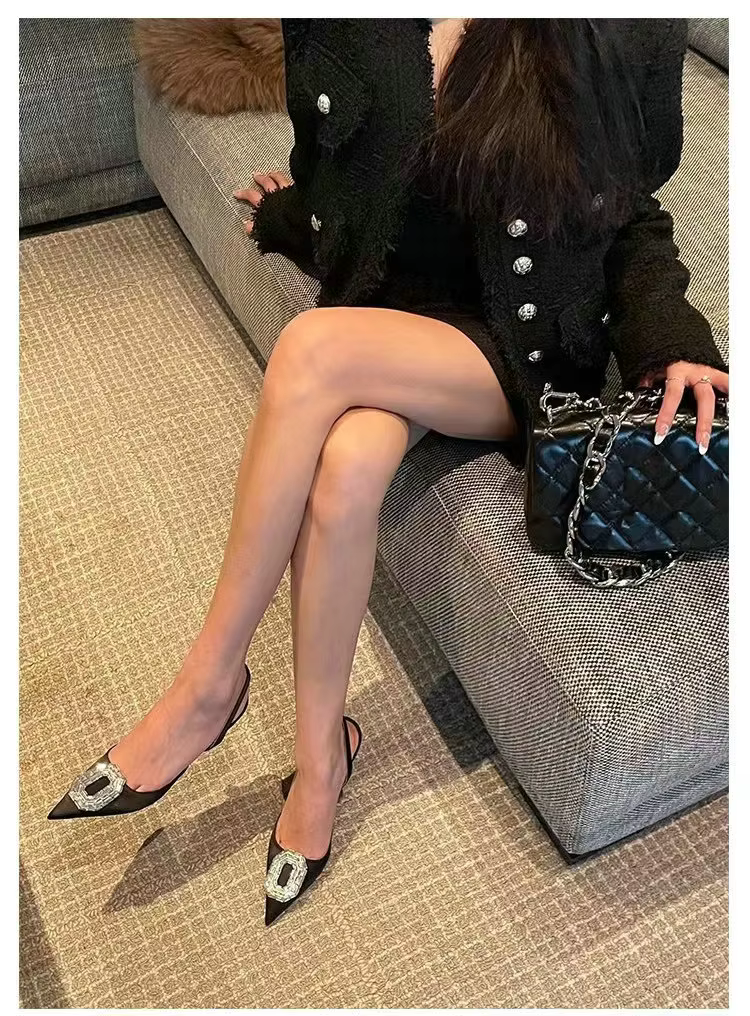 Rhinestone Satin elastic band Pointy Toe Crystal High Heels