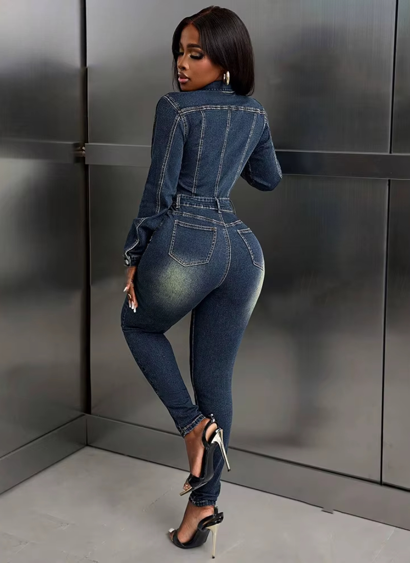 Rompers Turn Down Collar Full Sleeve Slim Overalls Pencil Pants Denim Jumpsuits - Image 3