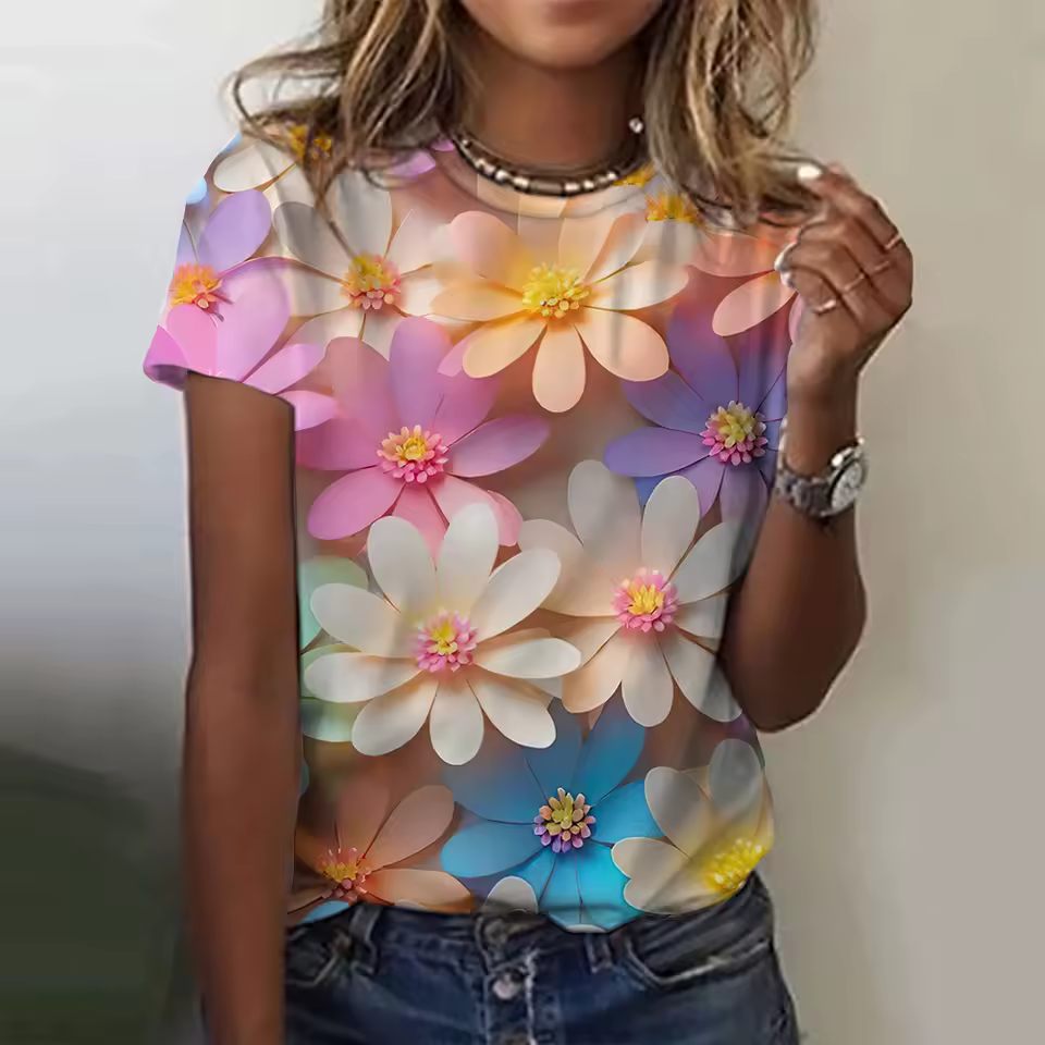 Round Neck 3d Floral Printing Short Sleeve Daily Casual Tees Tops