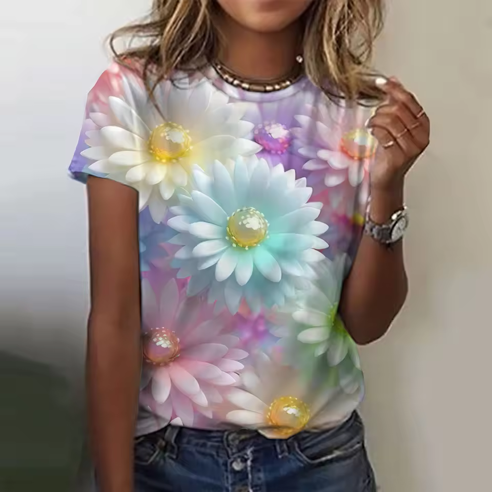 Casual Round Neck 3d Floral Printing Short Sleeve Tees Tops