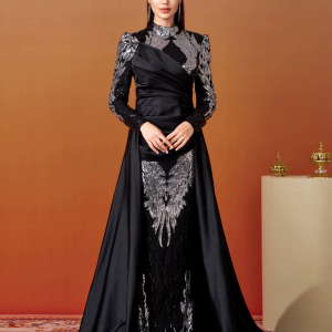 Round Neck Long Sleeved Sequin Mermaid Evening Wedding Graduation Church Dress