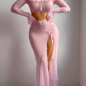 Ruffle Off Shoulder Fantasy Flare Long Sleeve Tulle Tops High Split Dress Lingerie Set