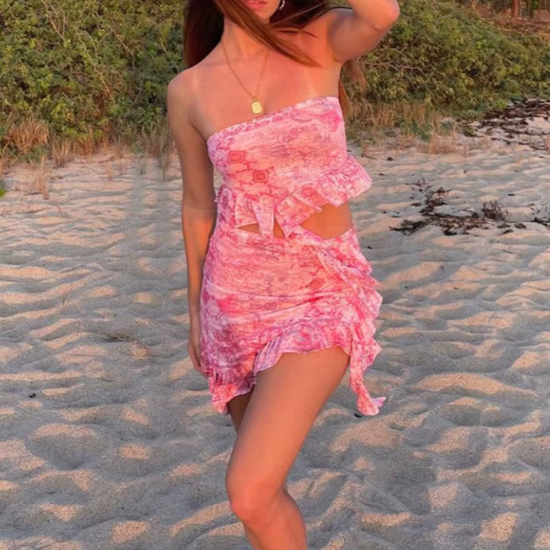 Ruffle Printed Sleeveless Strap Top Short Skirt Two-Piece Set