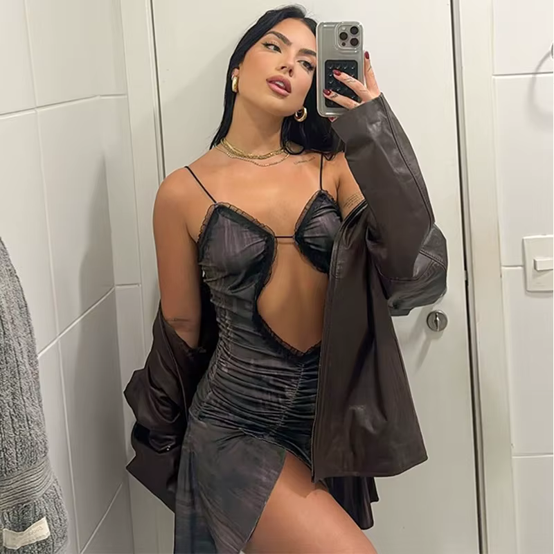 Ruffled Ruched Skinny Split Hollow Out Spaghetti Strap Mini Dress - Image 4