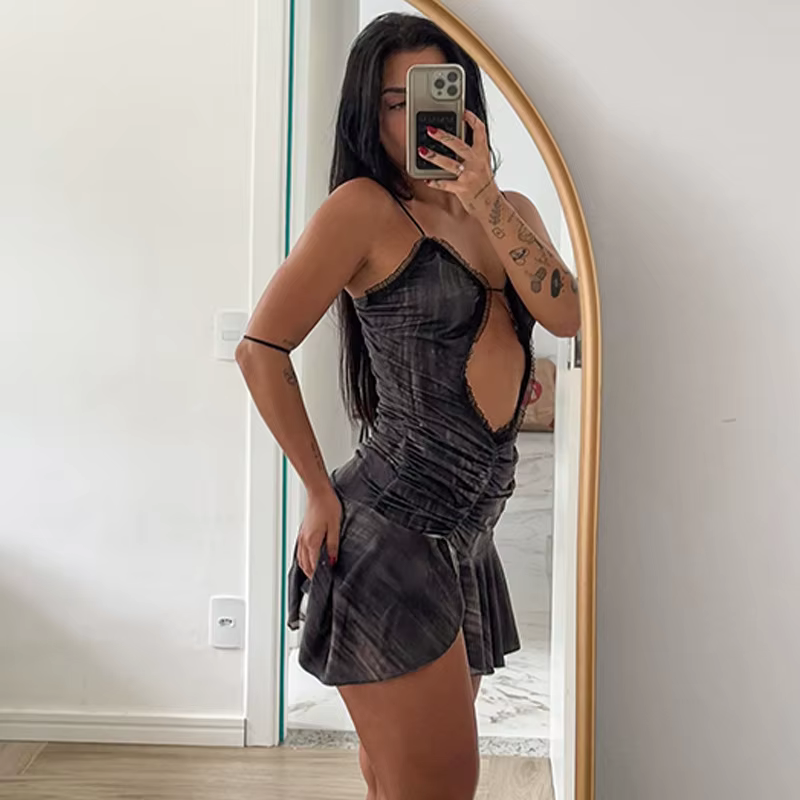 Ruffled Ruched Skinny Split Hollow Out Spaghetti Strap Mini Dress - Image 5