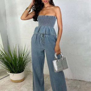 Ruffles Hem Elastic Strapless Crop Tops and Wide Leg Jeans Two Pieces Pants Set
