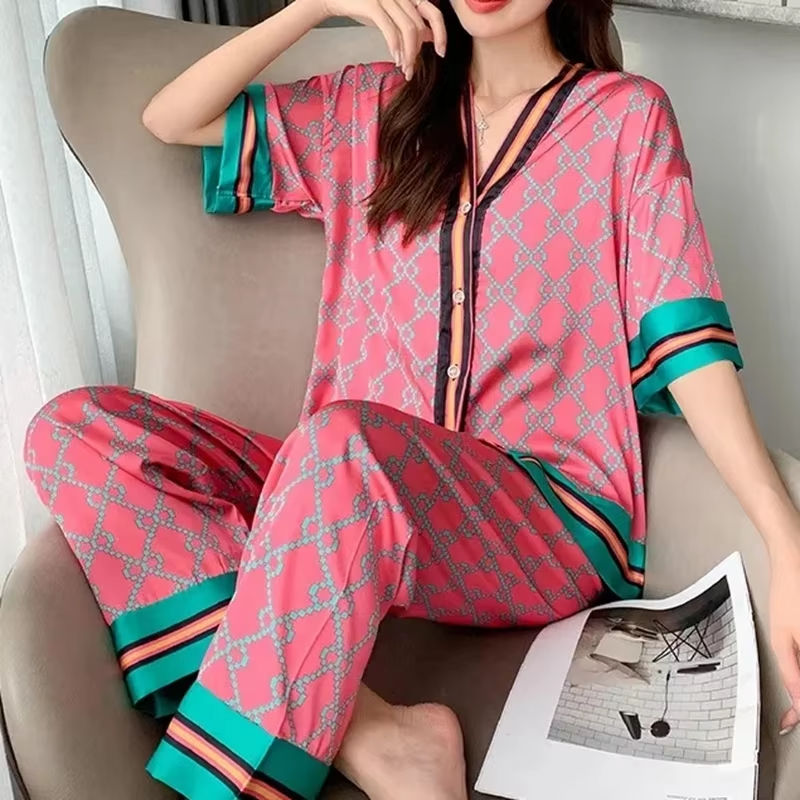 Satin Silk Thin Printing Short Sleeves Long Pants Homeware Sleepwear Sets - Image 2