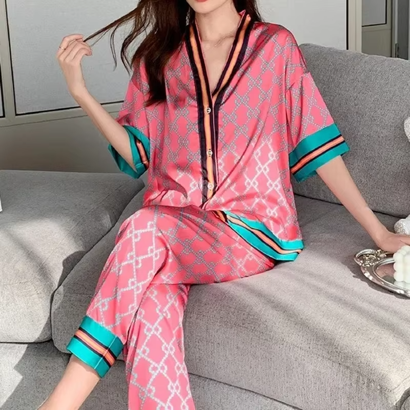 Satin Silk Thin Printing Short Sleeves Long Pants Homeware Sleepwear Sets