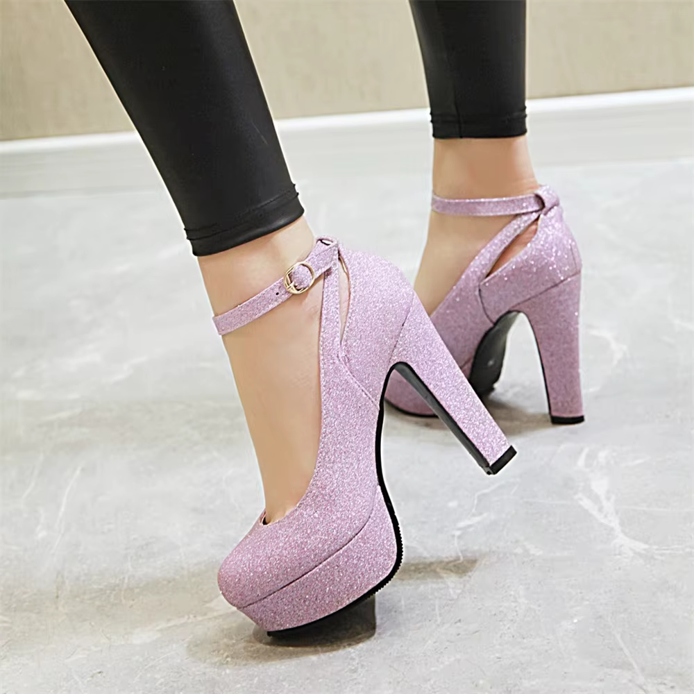 Shiny Sequin Cloth Thick Buckle Hollow Out Ankle Strap High Heels Pumps - Image 5