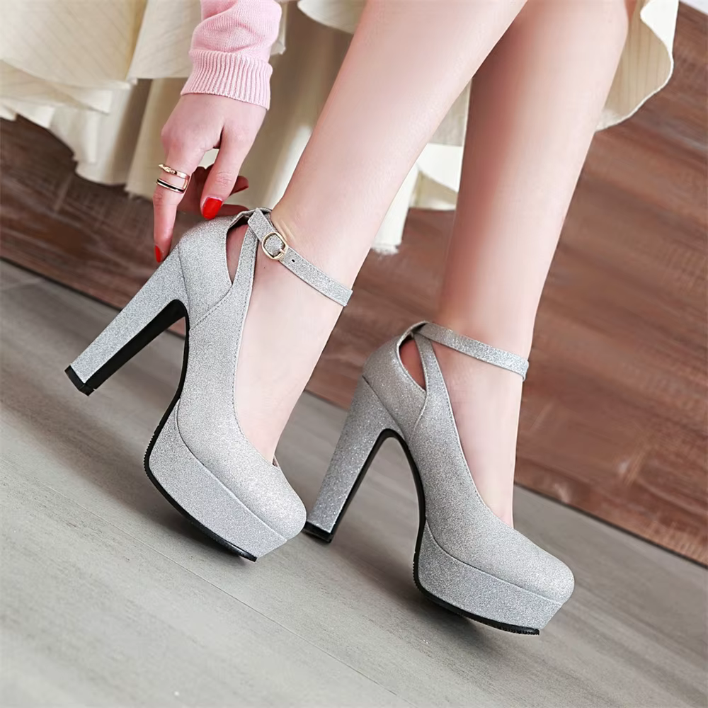 Shiny Sequin Cloth Thick Buckle Hollow Out Ankle Strap High Heels Pumps - Image 3