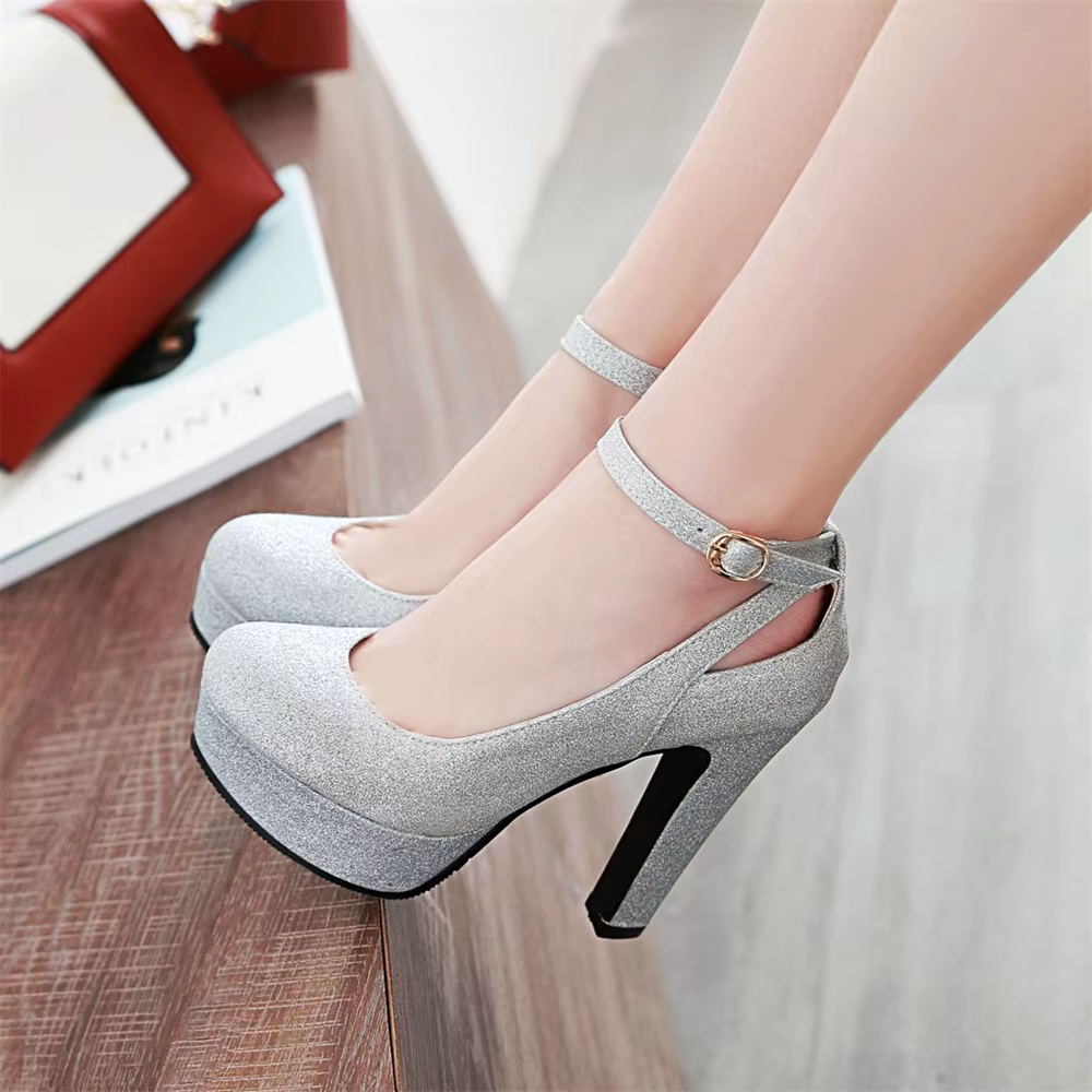 Shiny Sequin Cloth Thick Buckle Hollow Out Ankle Strap High Heels Pumps - Image 2