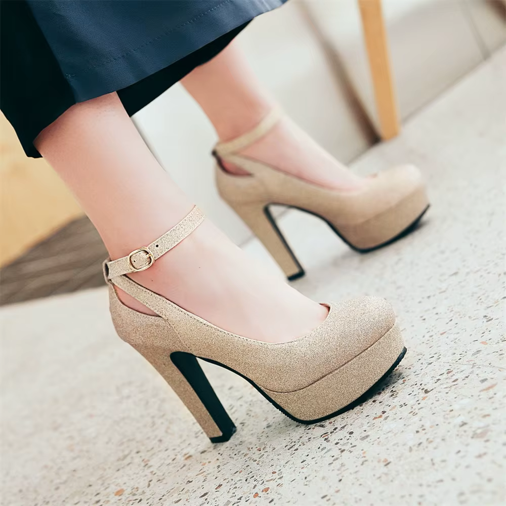 Shiny Sequin Cloth Thick Buckle Hollow Out Ankle Strap High Heels Pumps - Image 6