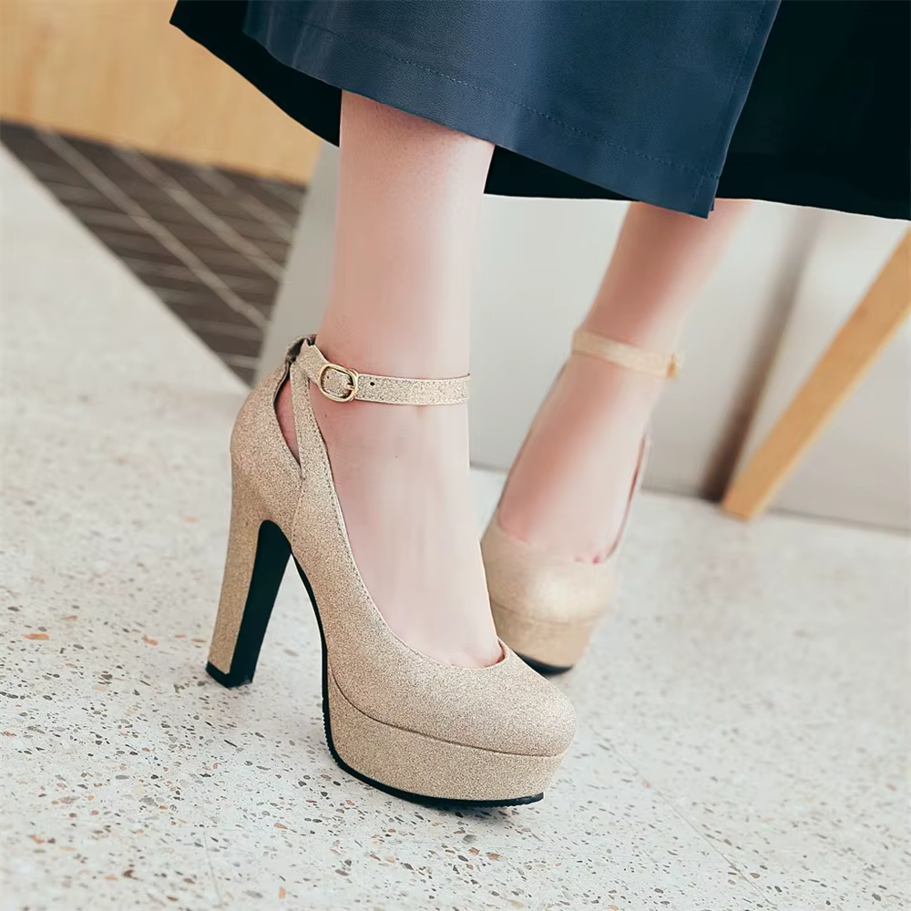 Shiny Sequin Cloth Thick Buckle Hollow Out Ankle Strap High Heels Pumps - Image 7