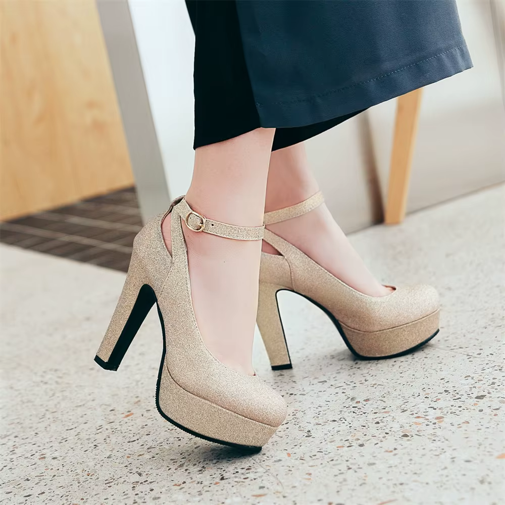Shiny Sequin Cloth Thick Buckle Hollow Out Ankle Strap High Heels Pumps - Image 8