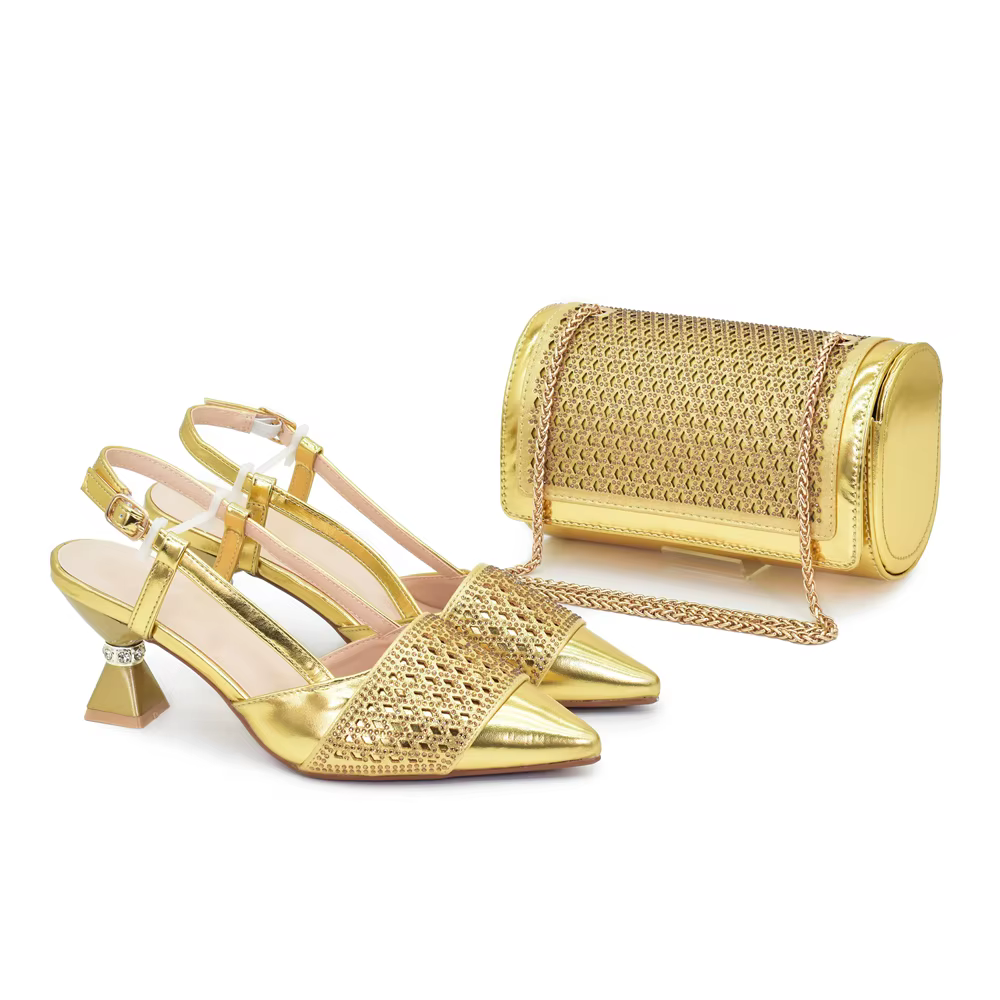 Shoes and Bags Set with Rhinestone Elegant Heeled Pumps