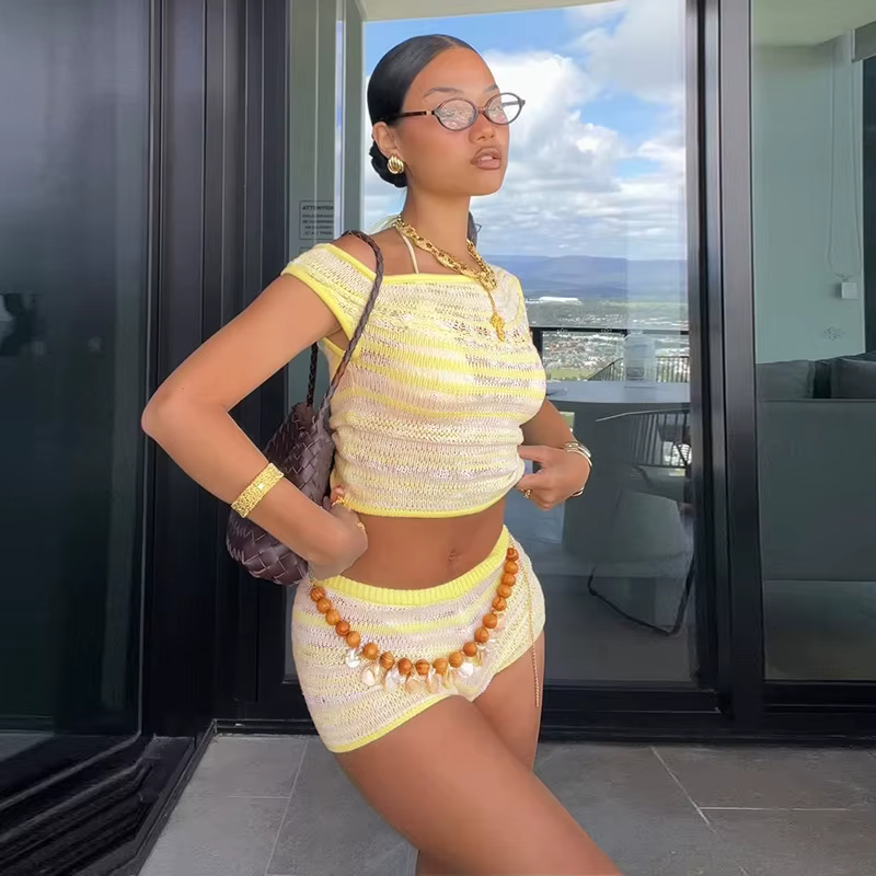 Elegant Sleeveless Top Striped Shorts Beach Holiday Two Piece Set