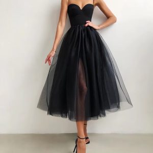 Solid Color Spaghetti Strapless Tulle Elegant Side Slit Mesh A-Line Vestidos