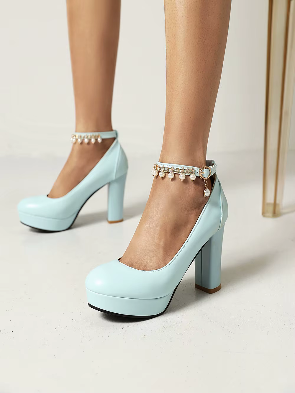 Casual Beaded Strap Buckle Round Toe Square High Heels Platform Pumps - Image 2
