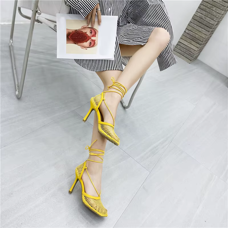 Square Toe High Heel Lace Up Cross-Tied Stiletto Hollow Dress Shoes