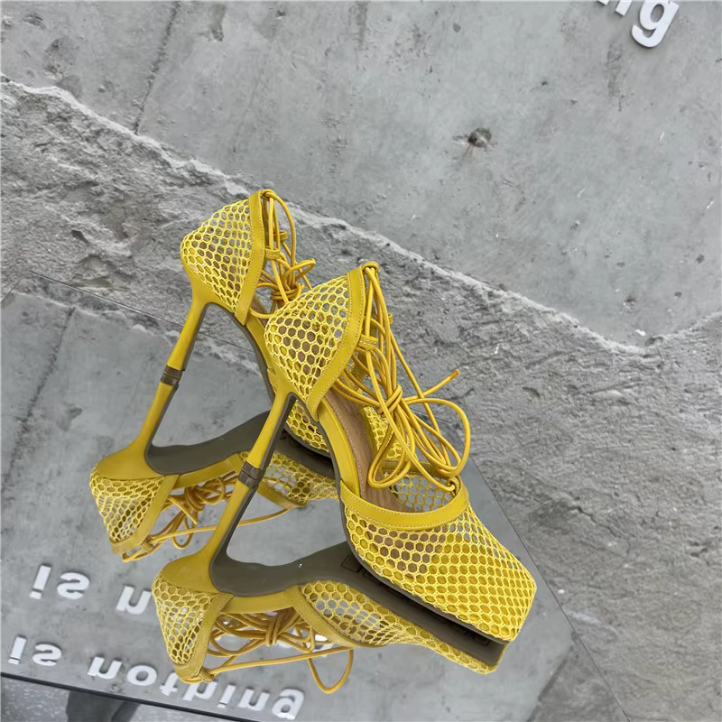 Square Toe High Heel Lace Up Cross-Tied Stiletto Hollow Dress Shoes - Image 3