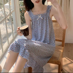 Suspender Print Loungewear Student Loose Bow Foam Pajamas Loungewear Nightdress