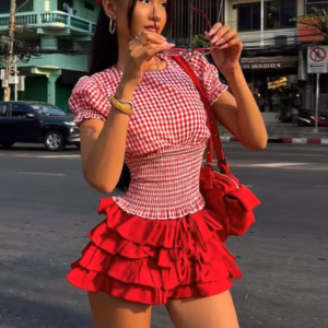 Sweet 2-Piece Set Plaid Puff Sleeve O-Neck Crop Tops Multi-Layered Bandage Puffy Skirt Streetwear Matching Suit