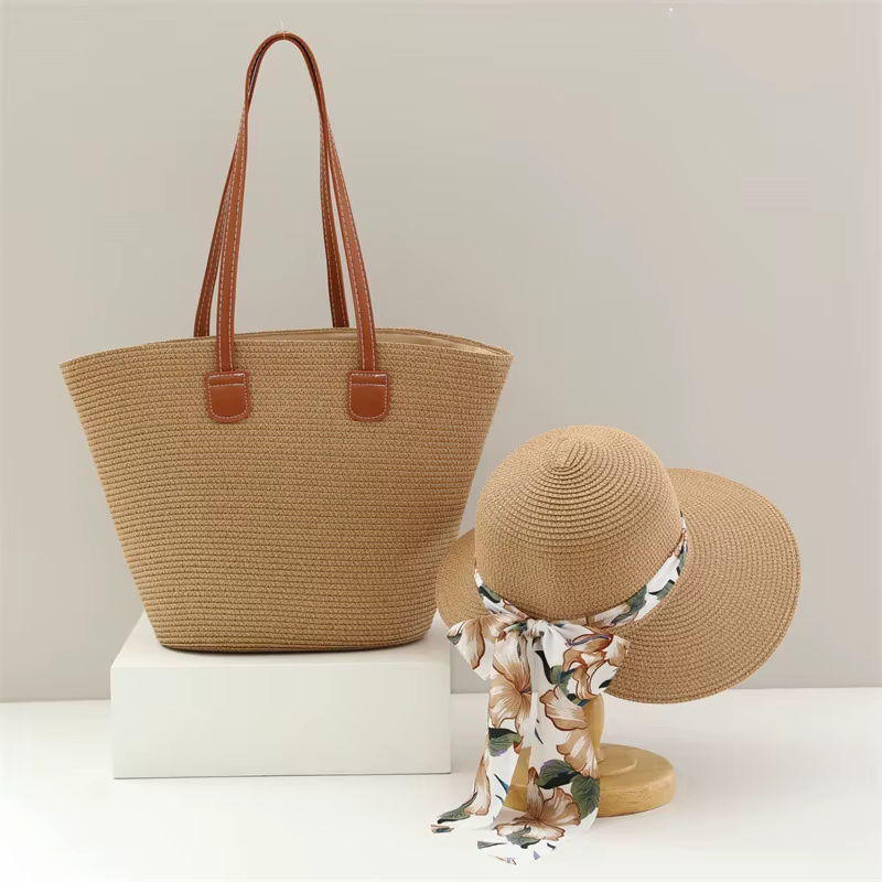 Sweet Chiffon Flower Print Ribbon Bow Large Capacity Straw Bag and Hat Tow-pieces Set