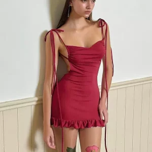 Elegant Tie Strap Ruffles Edge Open Back Sleeveless Bodycon Mini Dress